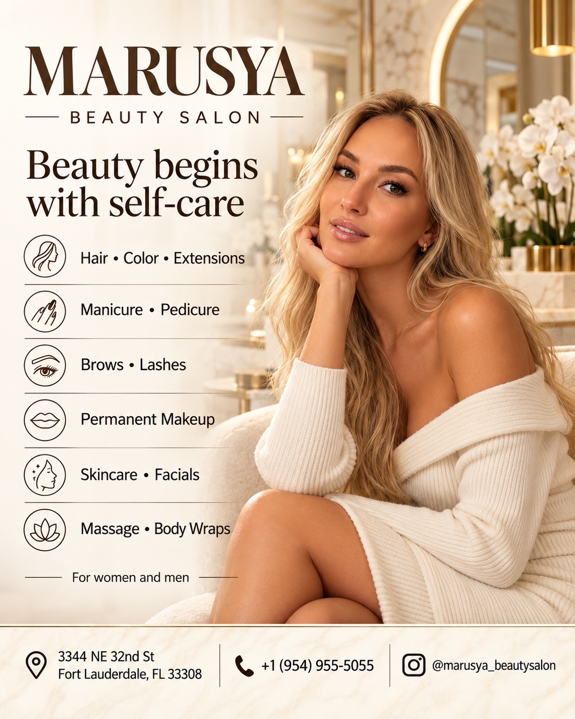 MARUSYA Beauty Salon — Beauty begins with self-care. Hair, nails, brows, lashes, permanent makeup, skincare and massage. Fort Lauderdale.